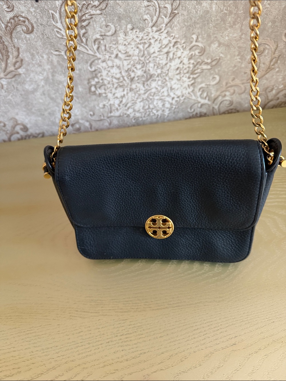 Tory Burch Black Pebbled Leather Crossbody with Gold Chain and Logo